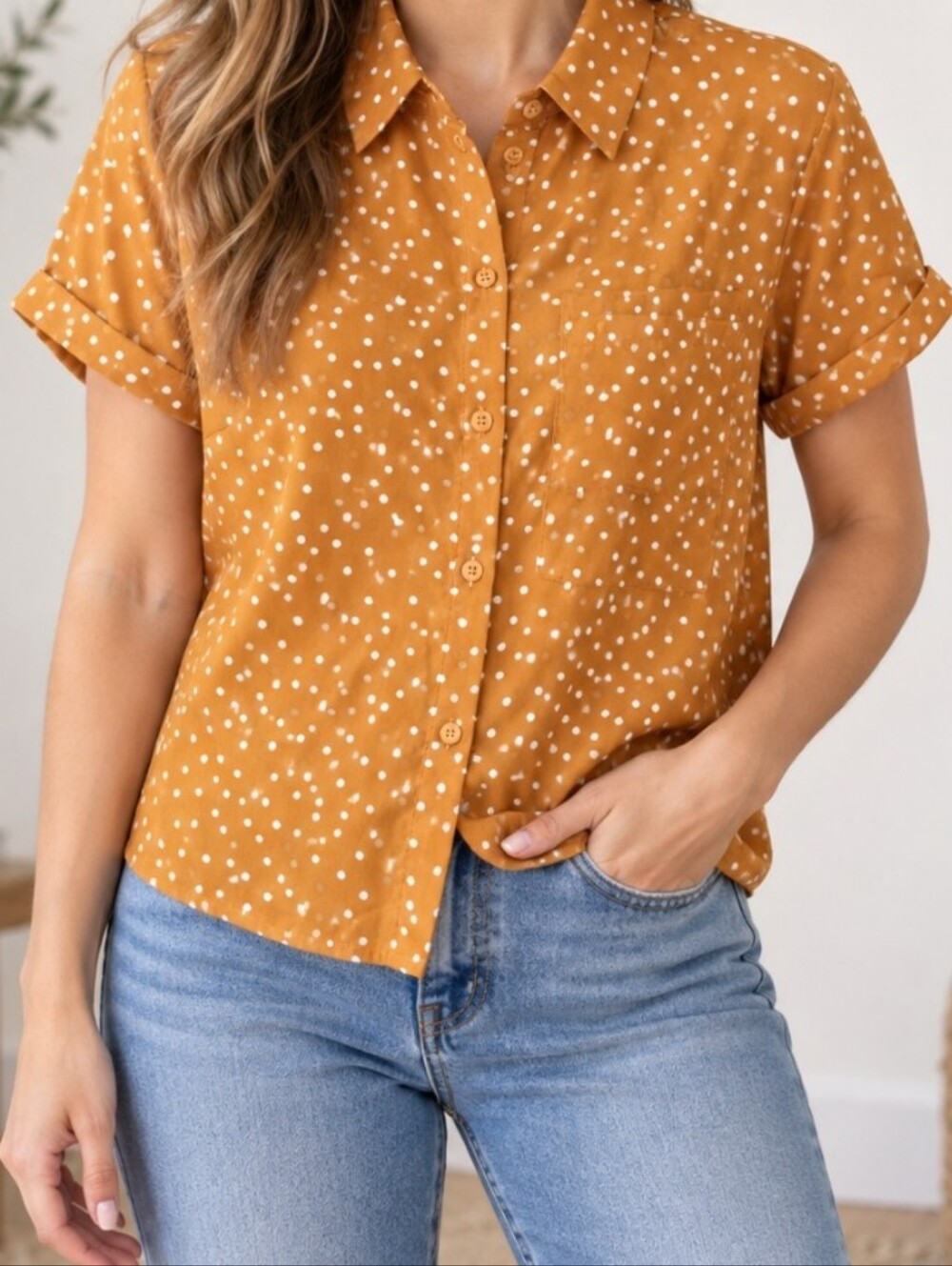 AMod Ref Mustard Polka Dot Short-Sleeve Button-Down Shirt Small